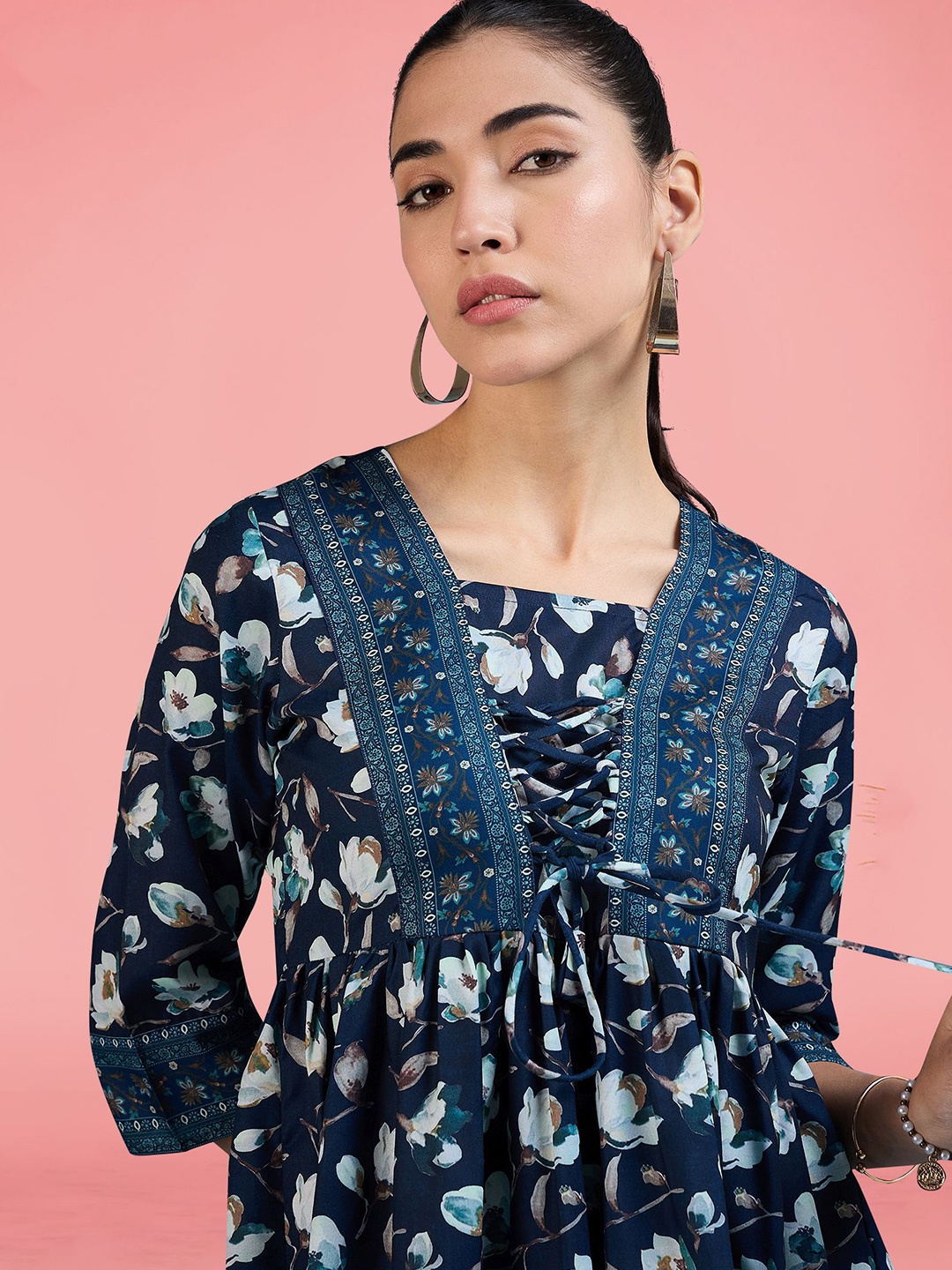 

Winza Designer Women Floral Print Cotton Top, Navy blue