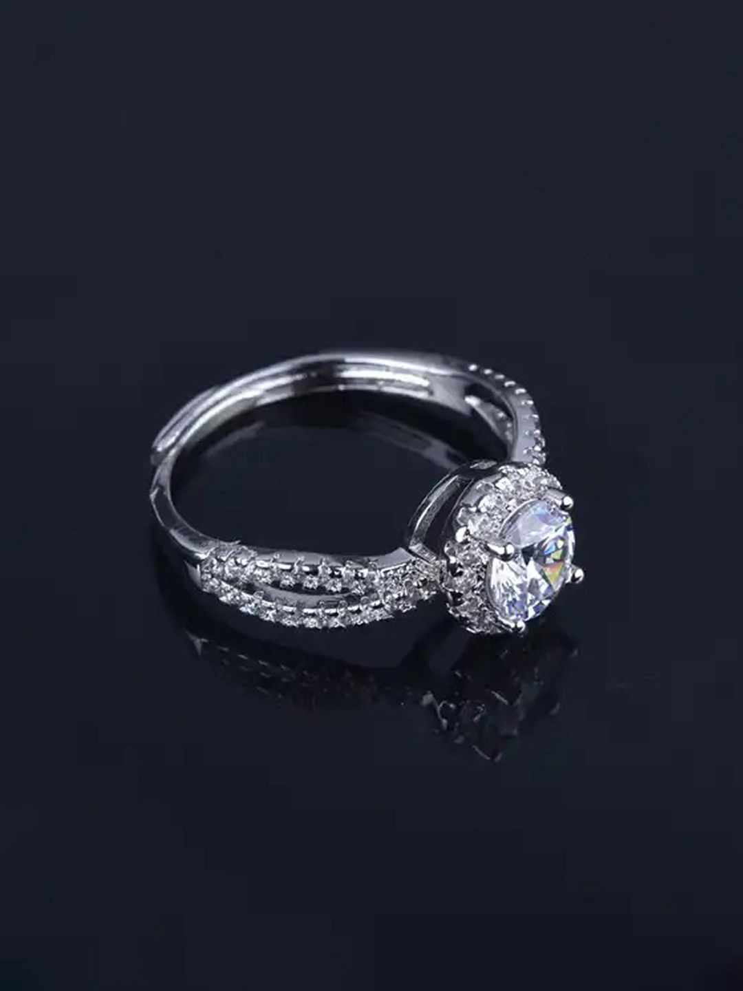 

Jewels Galaxy Silver-Plated American Diamond Stone-Studded Adjustable Finger Ring