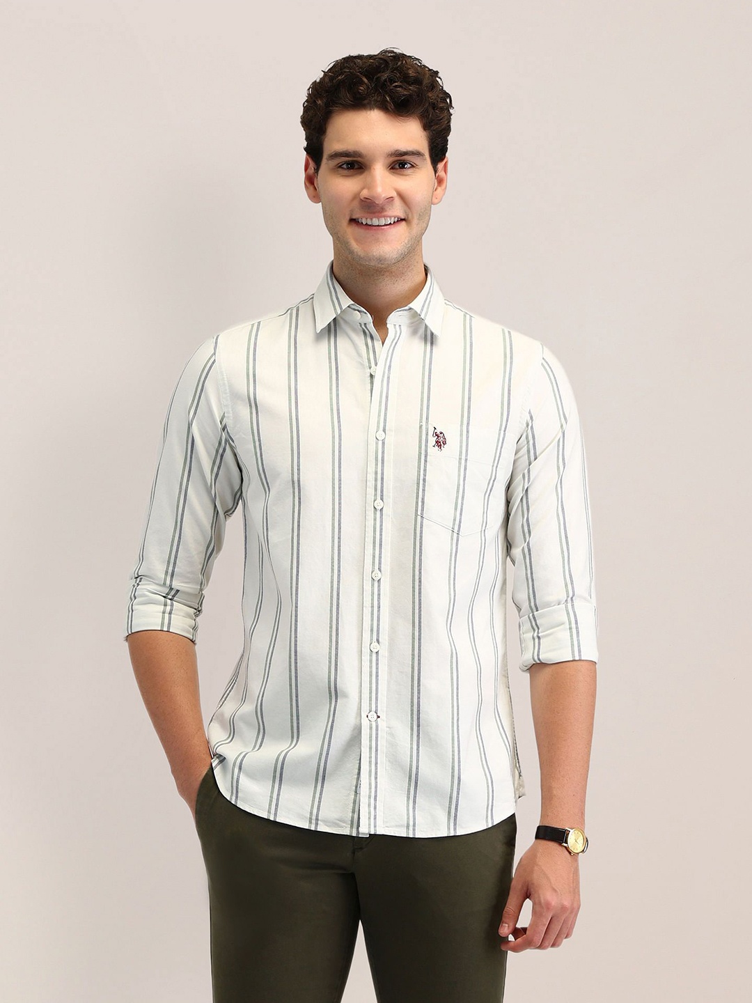 

U.S. Polo Assn. Men Spread Collar Vertical Striped Cotton Tailored Fit Casual Shirt, White