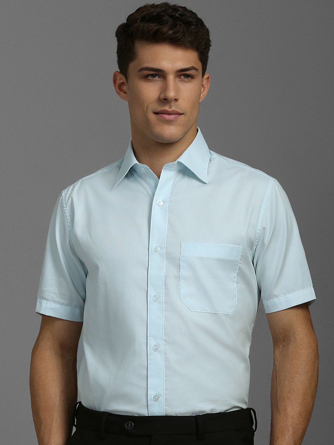 

Louis Philippe Men Classic Spread Collar Solid Cotton Formal Shirt, Blue