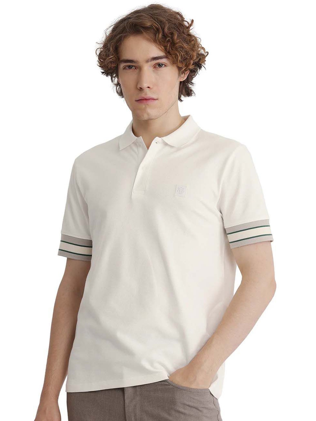 

RARE RABBIT Men Solid Polo Collar Cotton T-shirt, Off white
