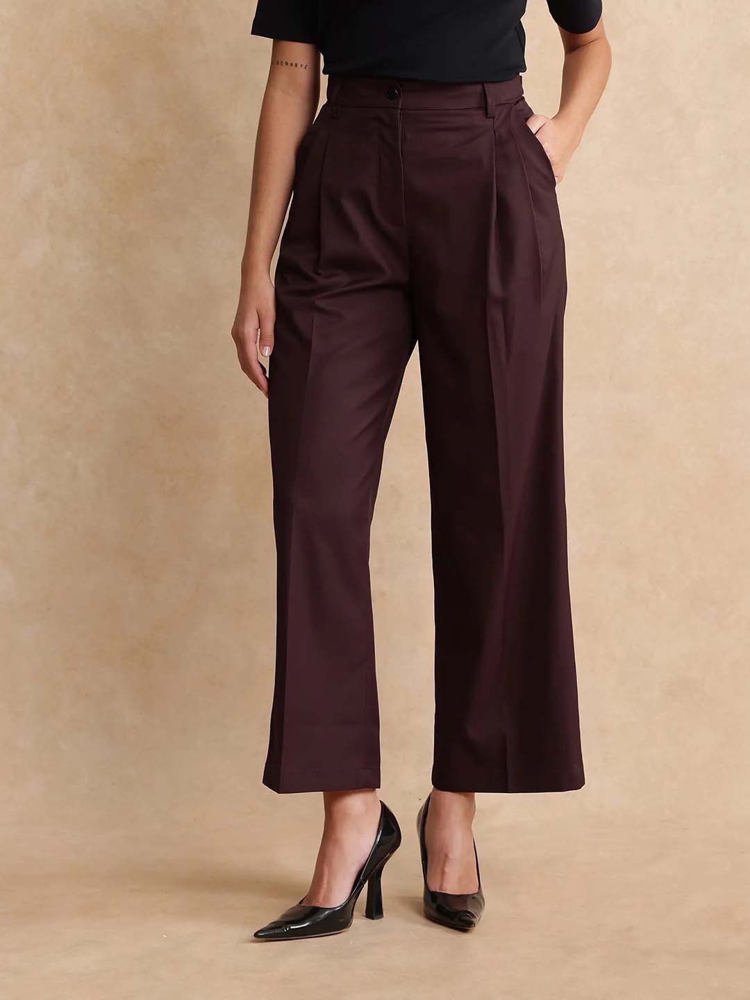 

RAREISM Women Comfort Loose Fit High-Rise Pleated Wide Leg Trouser, Purple