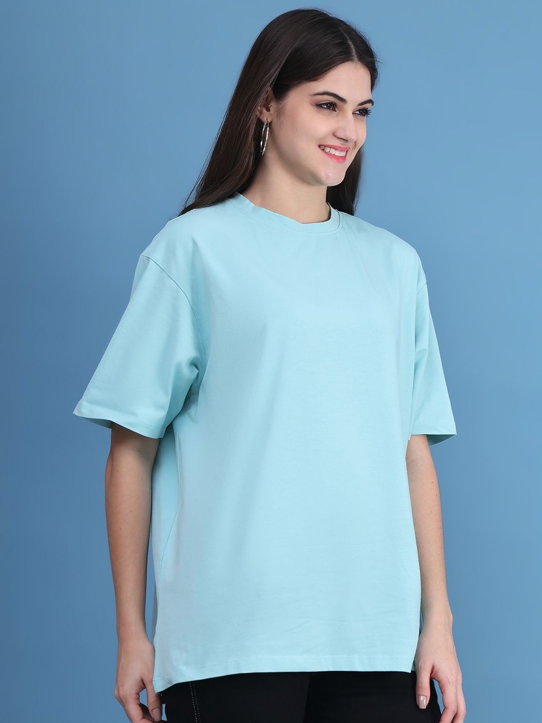 

DOOR74 Women Drop-Shoulder Sleeves T-shirt, Blue