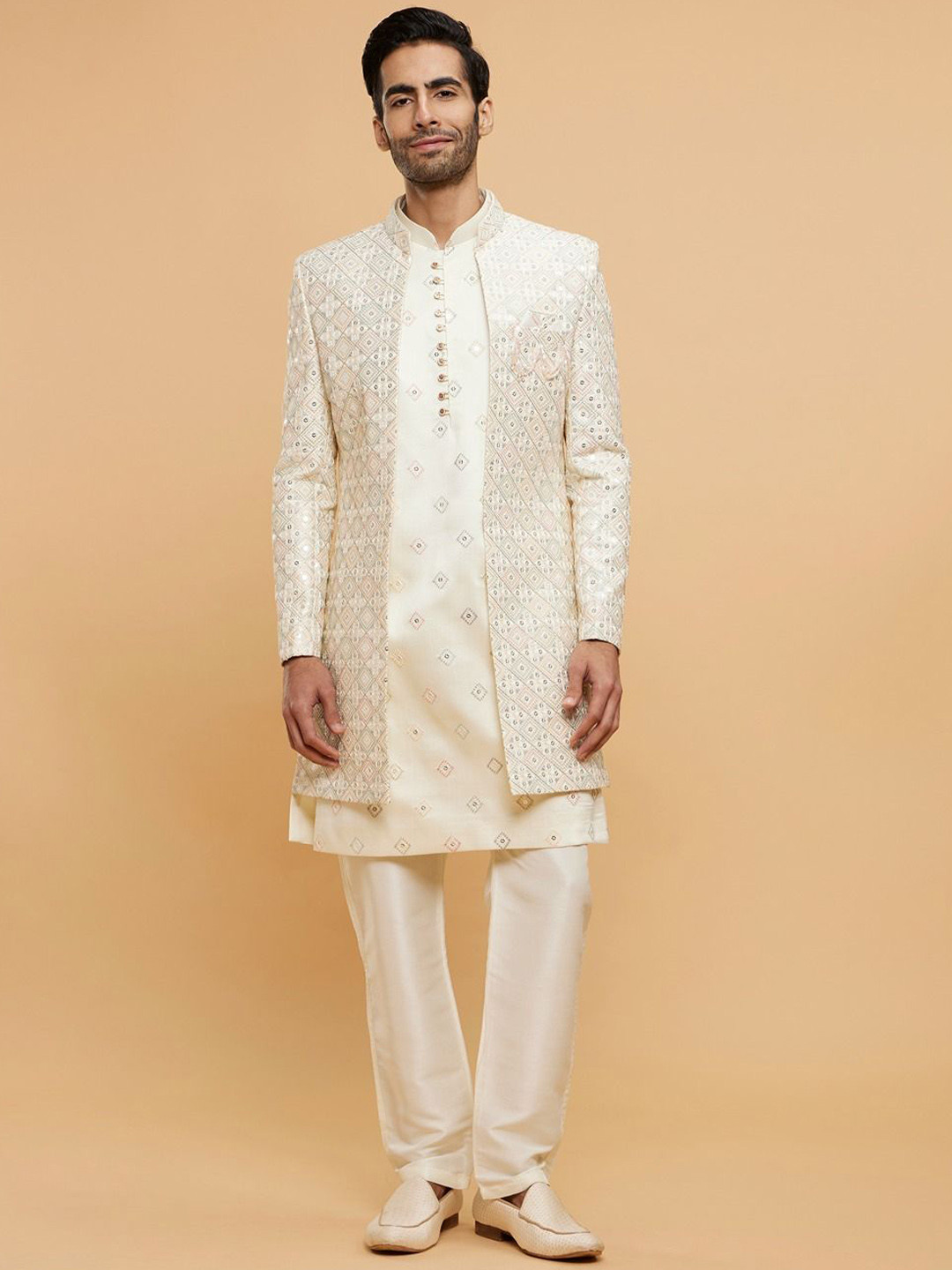 

Twamev Men Embroidered Sequined Mandarin Collar Sherwani Set, Cream