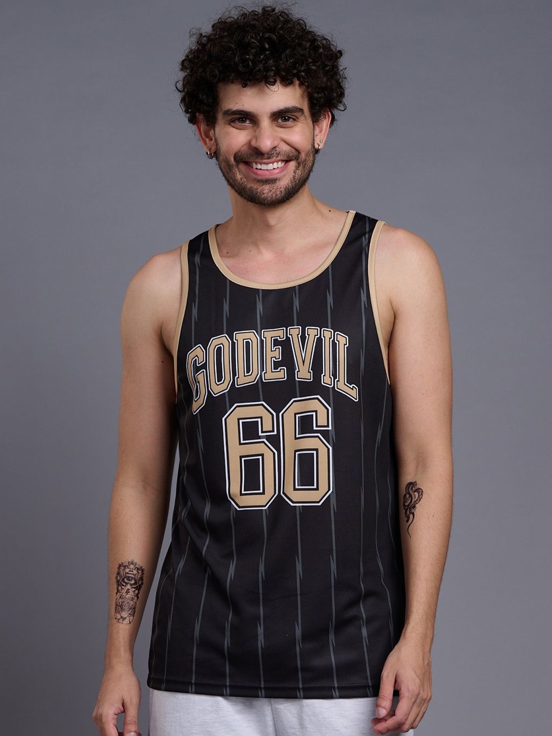 

GO DEVIL Men Printed Round Neck Sleeveless Innerwear Gym Vest 936-Black