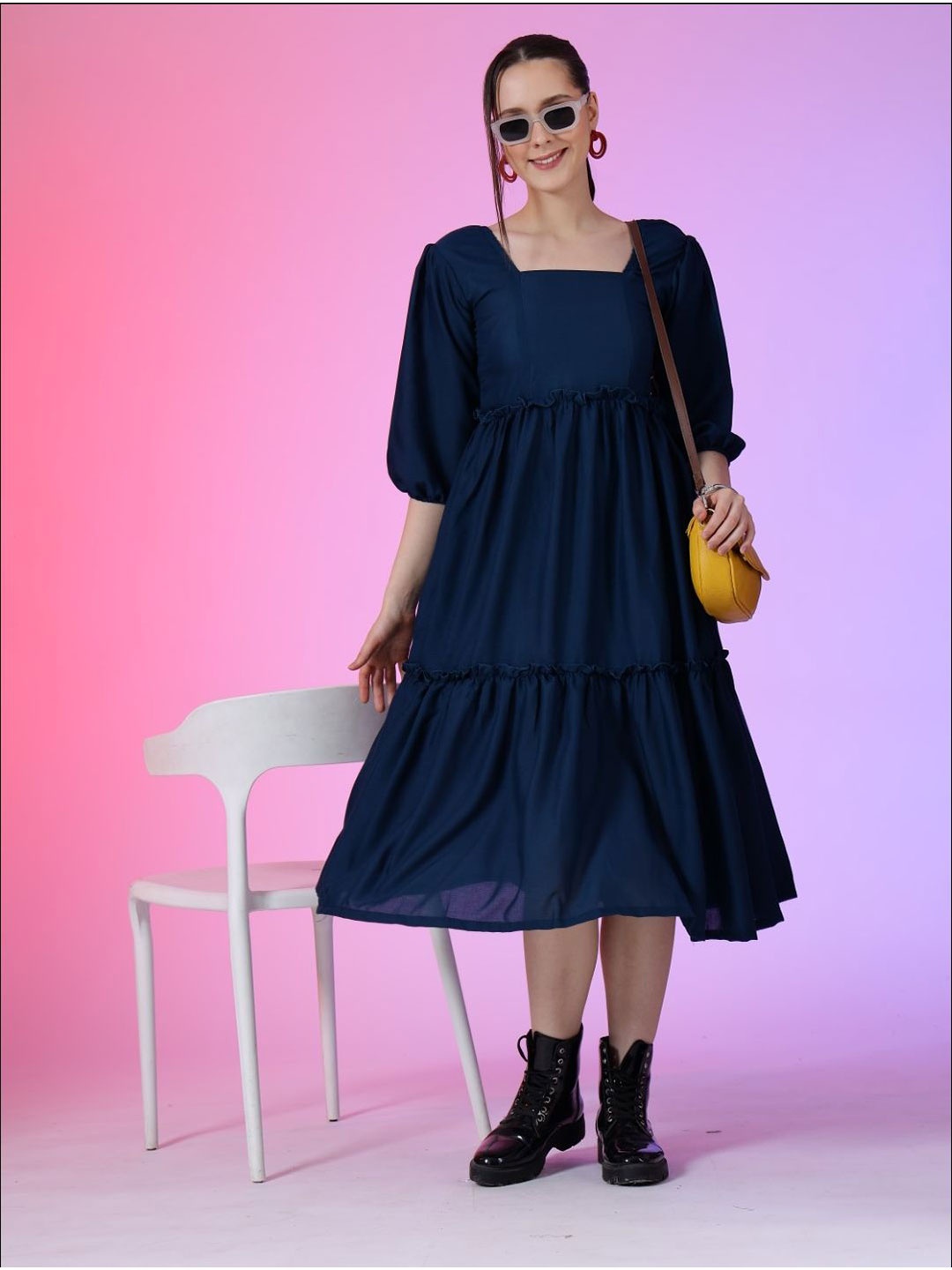 

Krunal Raiyani Women Puff Sleeves Fit & Flare Midi Dress, Blue