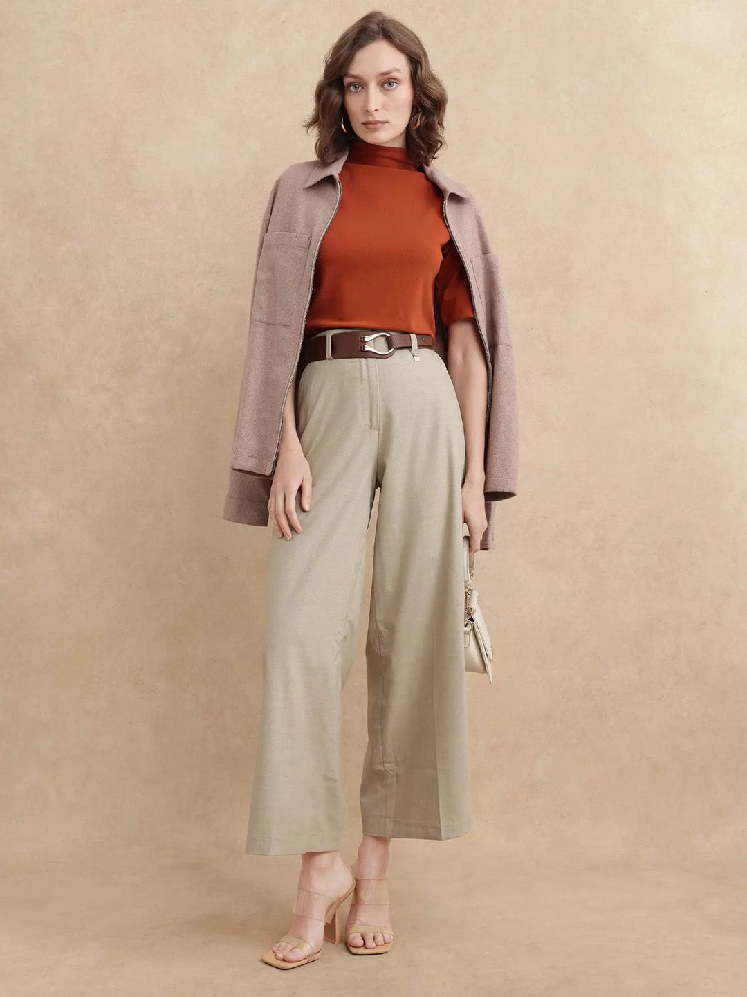 

RAREISM Women Comfort Regular Fit High-Rise Wide Leg Trousers, Beige