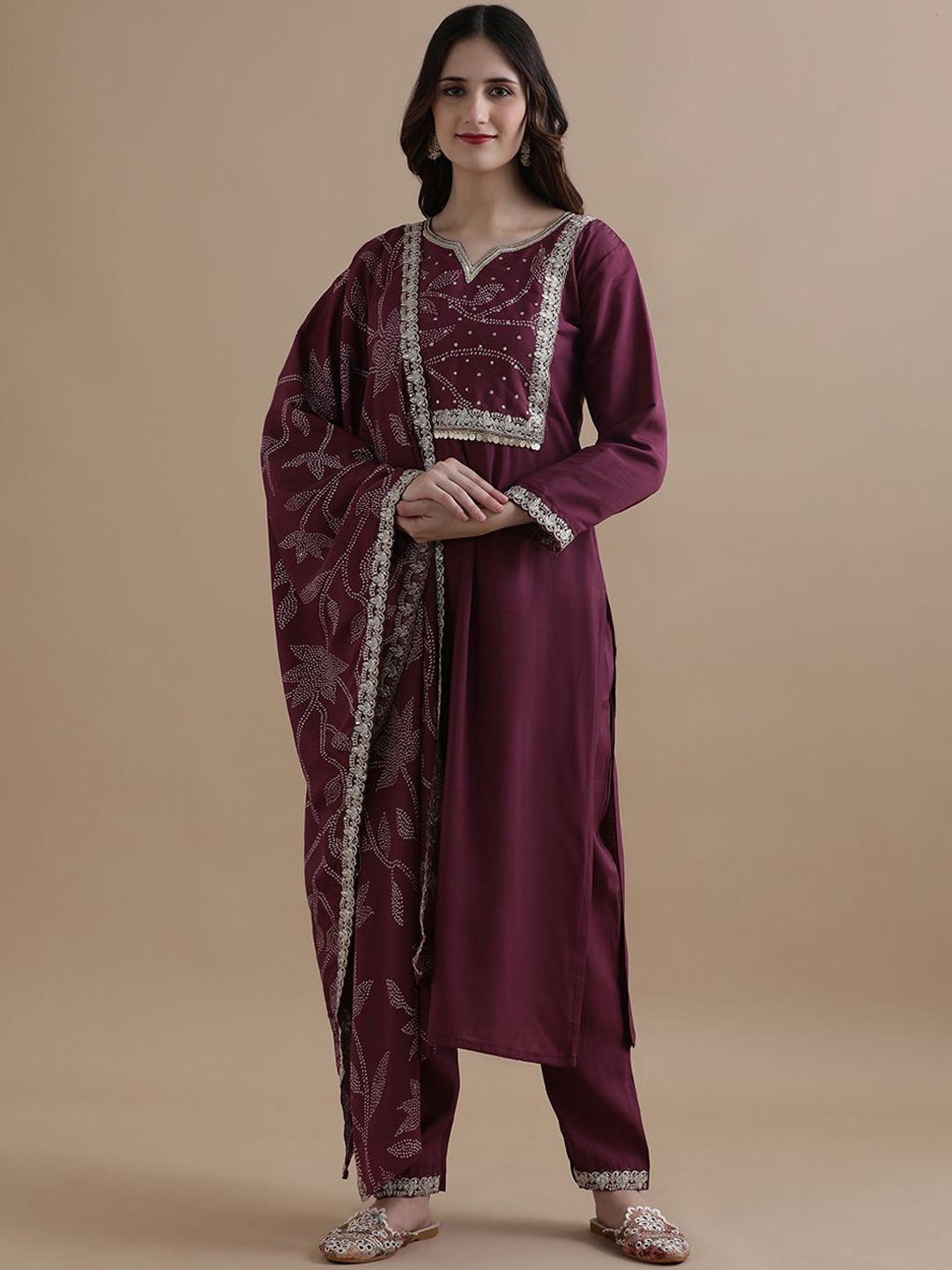 

Jaipur Kurti Women Ethnic Motifs Embroidered Regular Chanderi Cotton Kurta with Trousers & With Dupatta, Purple