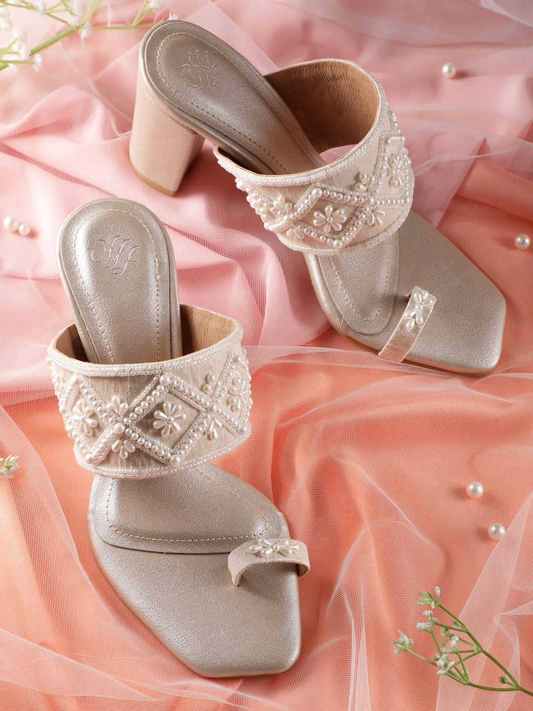 

House of Pataudi Embellished Party Block Heel Sandals, Silver