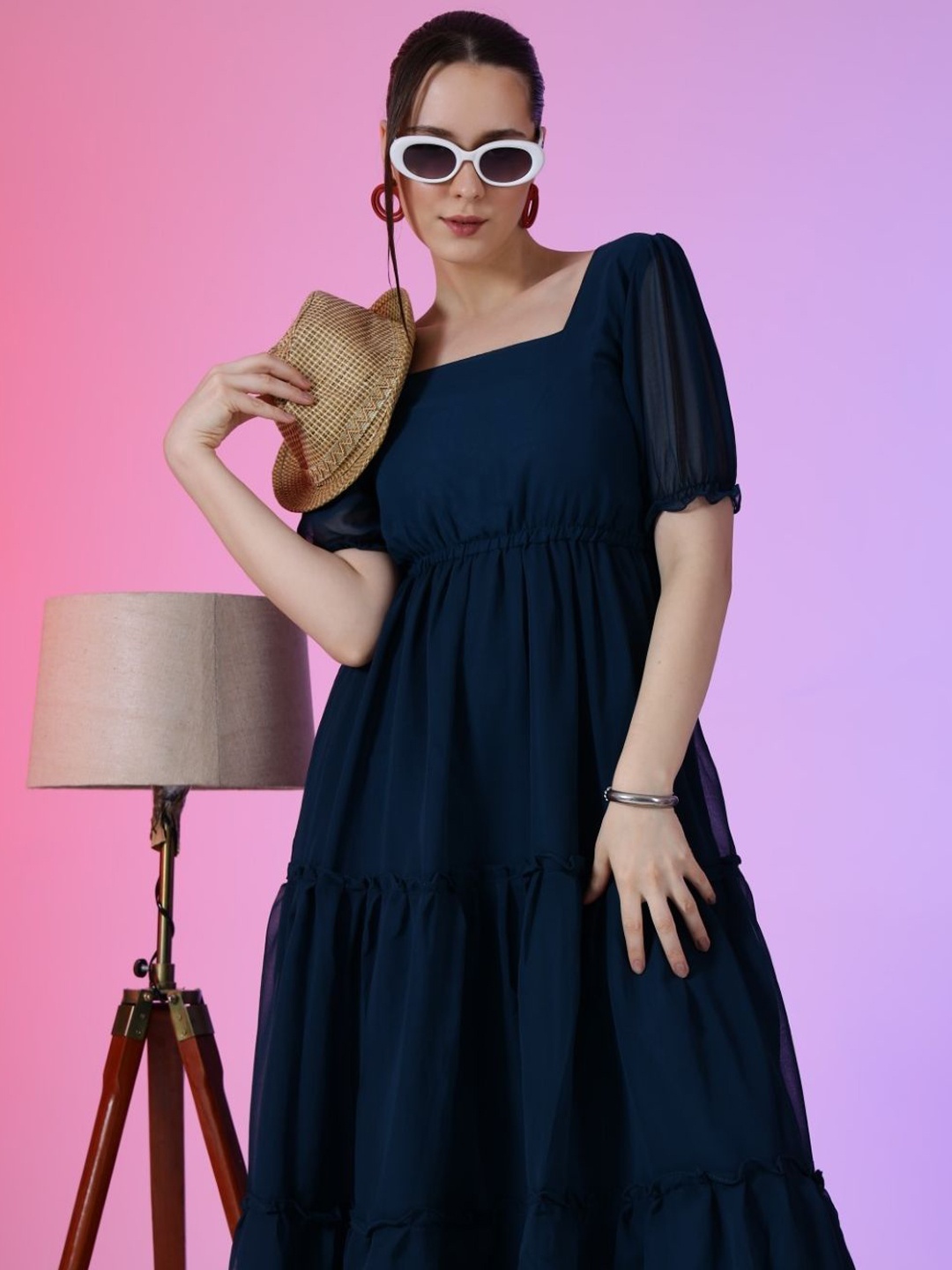 

Raiyani Enterprise Women Puff Sleeve Fit & Flare Maxi Dress, Blue