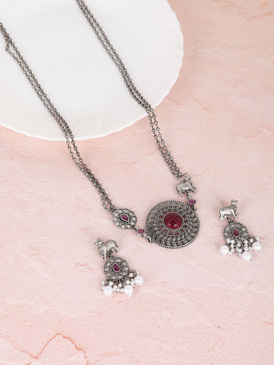 

Sangria Silver Plated Stone Studded Jewellery Set