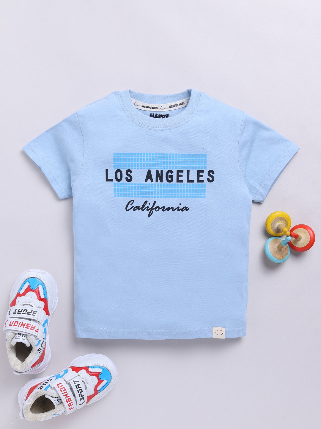 

Happy Faces Boys Pure Cotton Typography Printed T-shirt, Blue