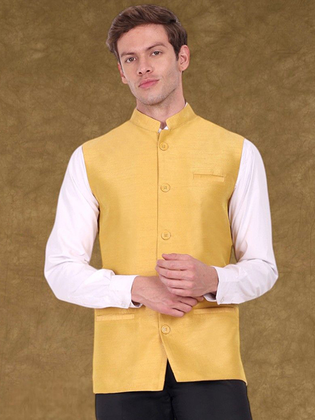 

SKAVIJ Men Mandarin Collar Nehru Jacket, Gold