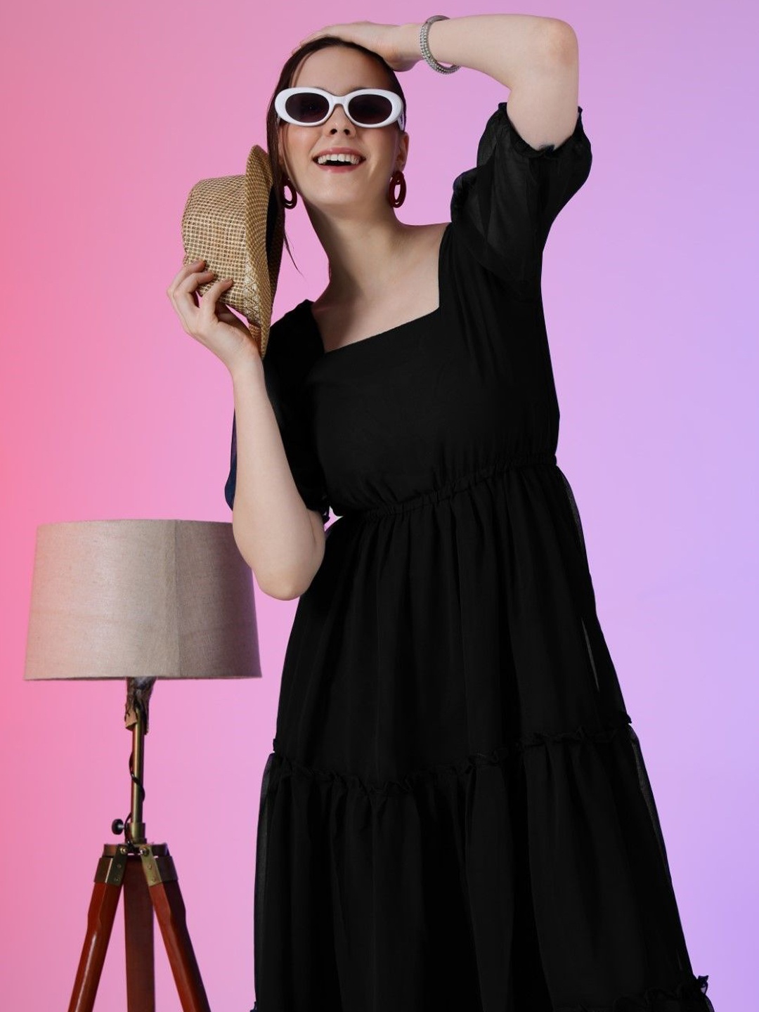 

Raiyani Enterprise Women Puff Sleeve Fit & Flare Midi Dress, Black