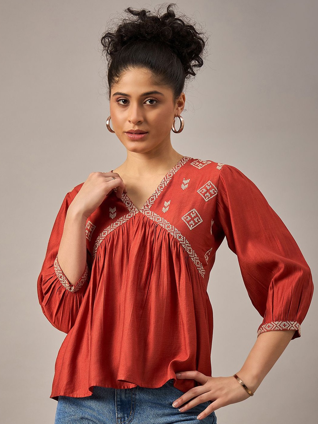 

The Roadster Lifestyle Co Women Embroidered Puff Sleeves Empire Top, Rust