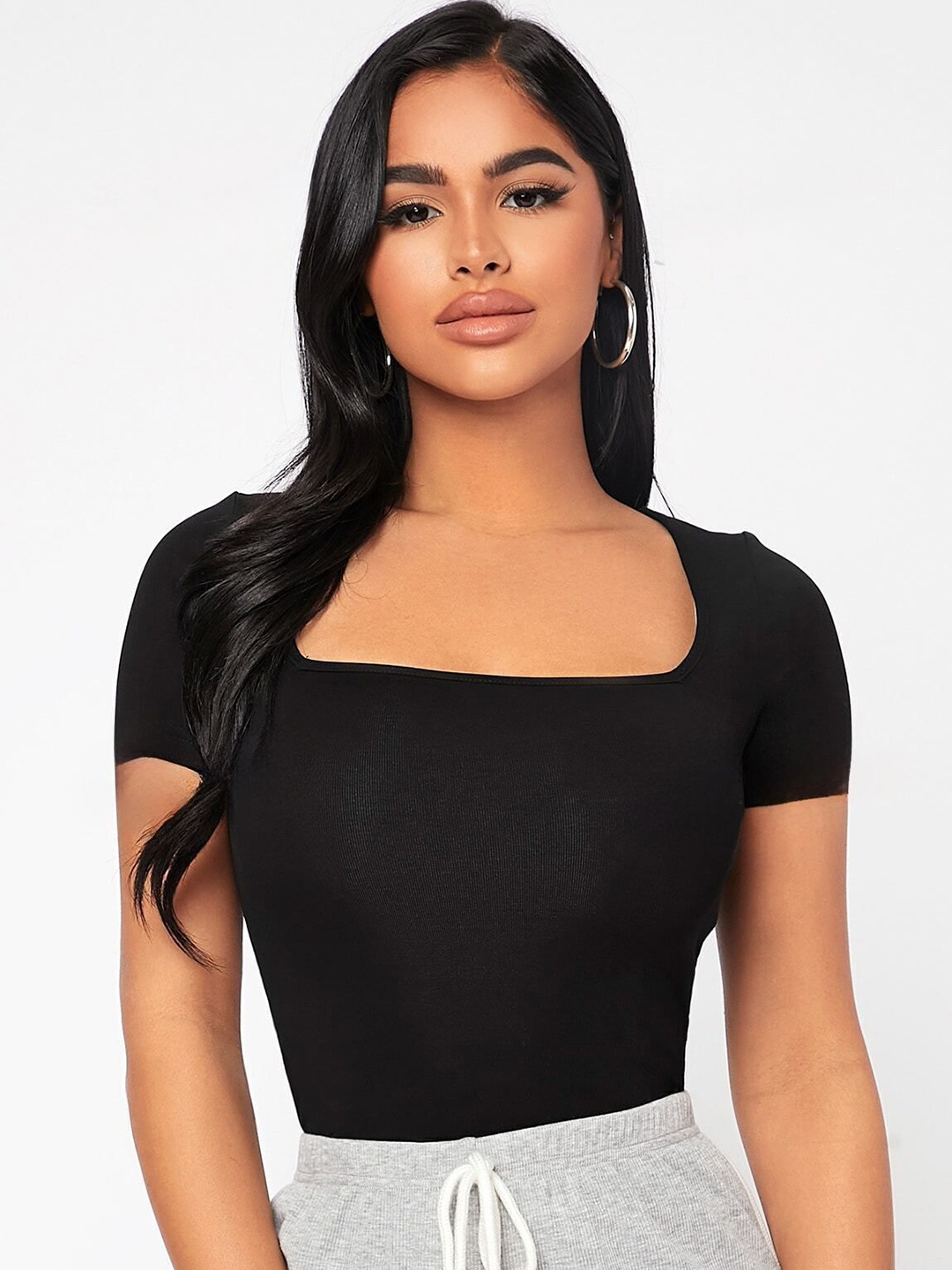 

Tivante Women Square Neck Cotton Crop Top, Black
