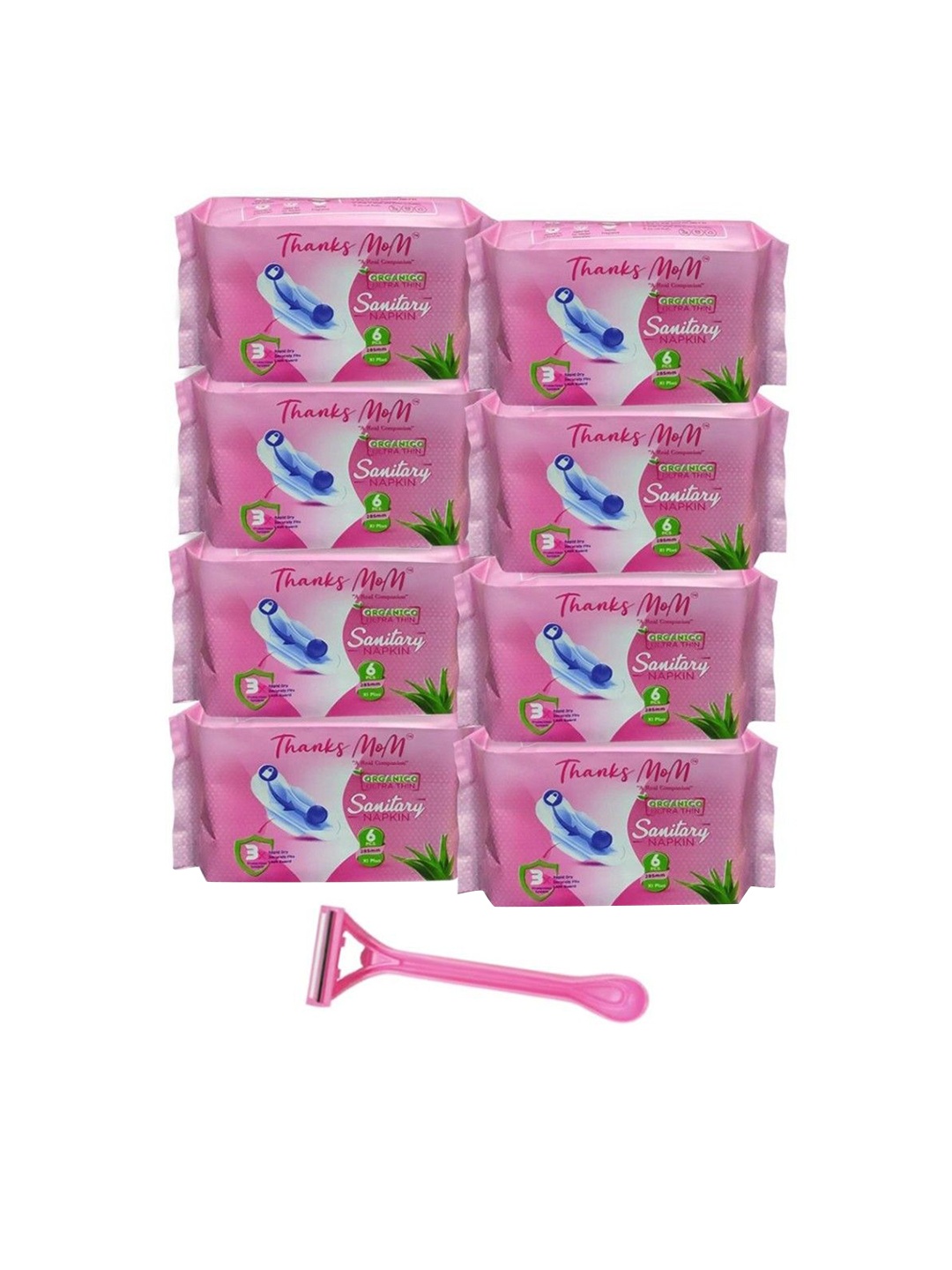 

THANKS MOM Pack Of 8 Organico Ultra Thin Sanitary Pads With Razor - XL - 6 Pads Each, White