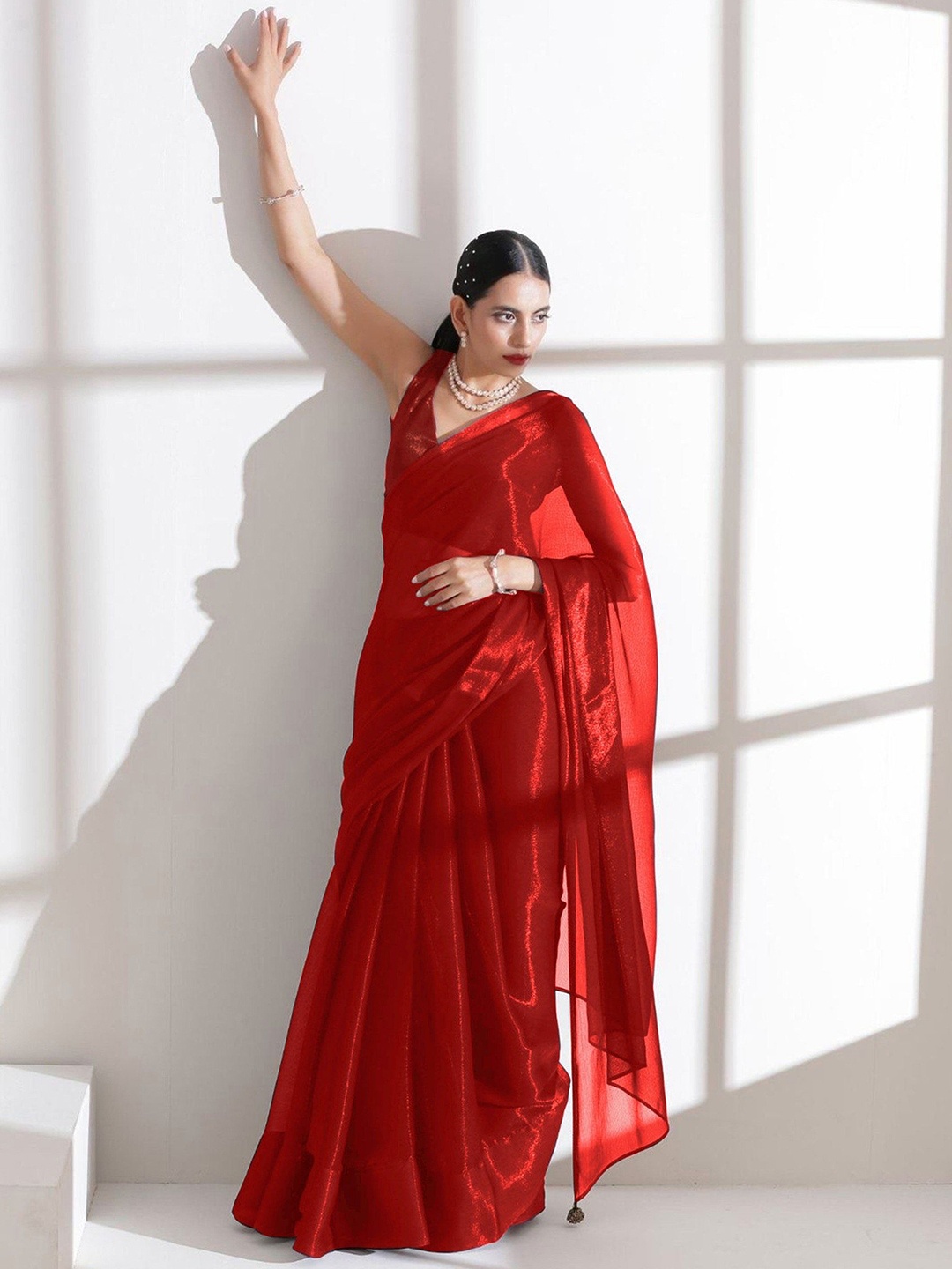 

SWADESI STUFF Pure Chiffon Saree, Red