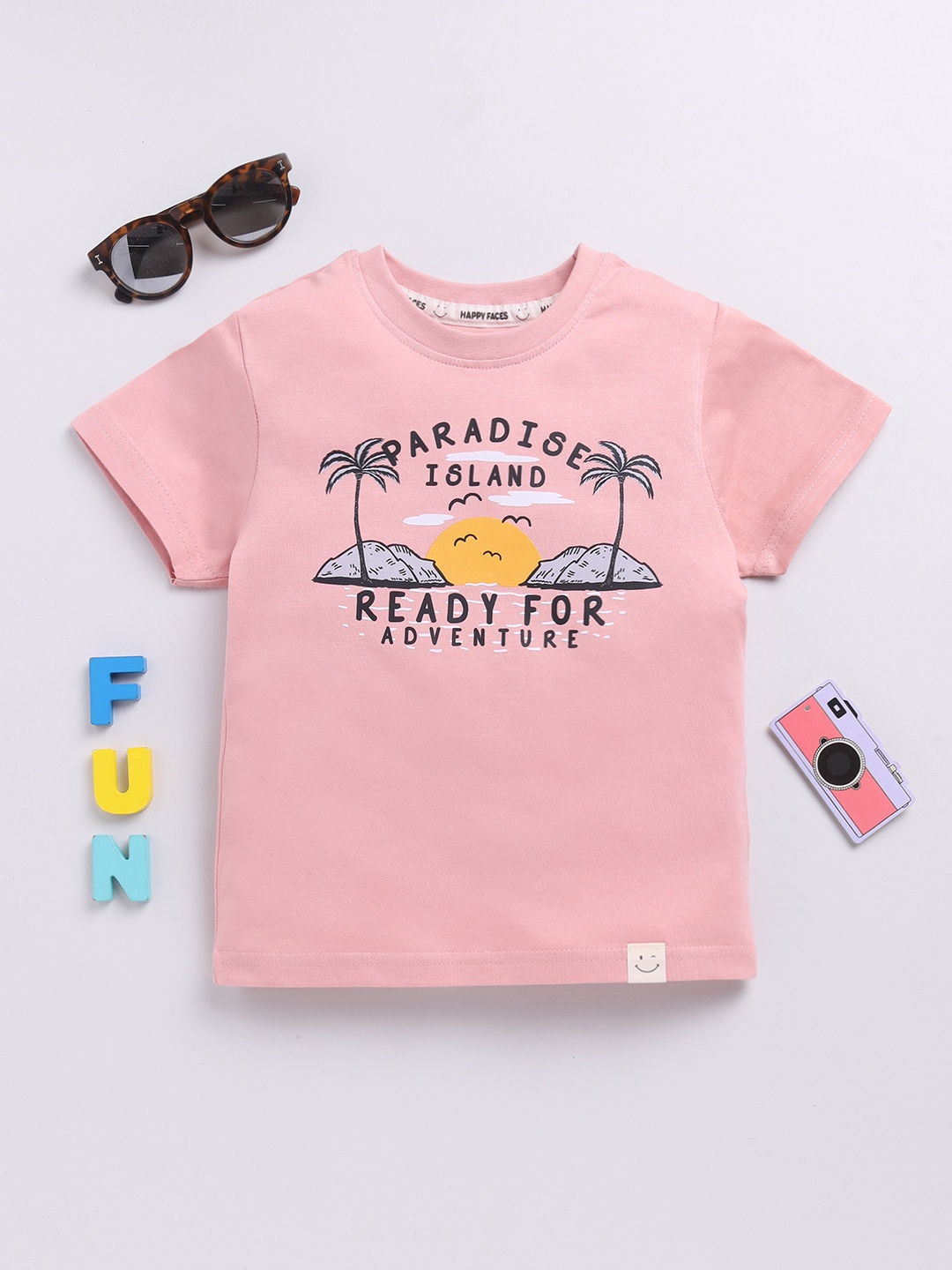 

Happy Faces Boys Pure Cotton Typography & Graphic Printed T-shirt, Peach