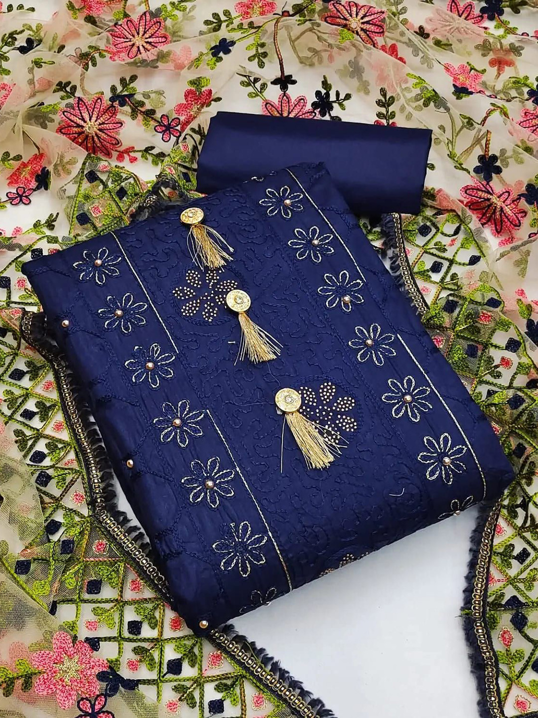 

Suha Unstitched Dress Material, Navy blue
