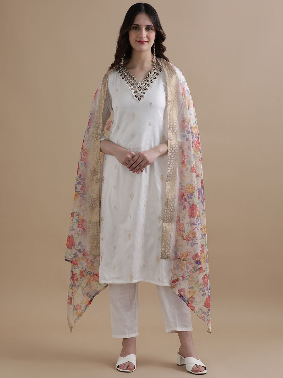 

Jaipur Kurti Women Ethnic Motifs Embroidered Regular Thread Work Kurta with Trousers & With Dupatta, Off white