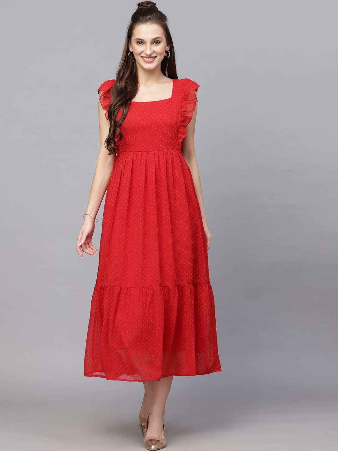 

BAESD Women Flutter Sleeves Fit & Flare Midi Dress, Red