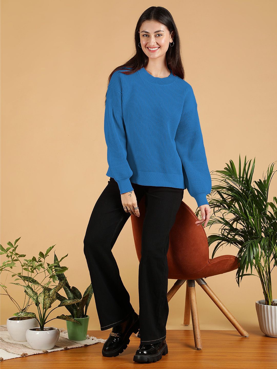 

Kotty Women Cotton Ribbed Pullover, Blue