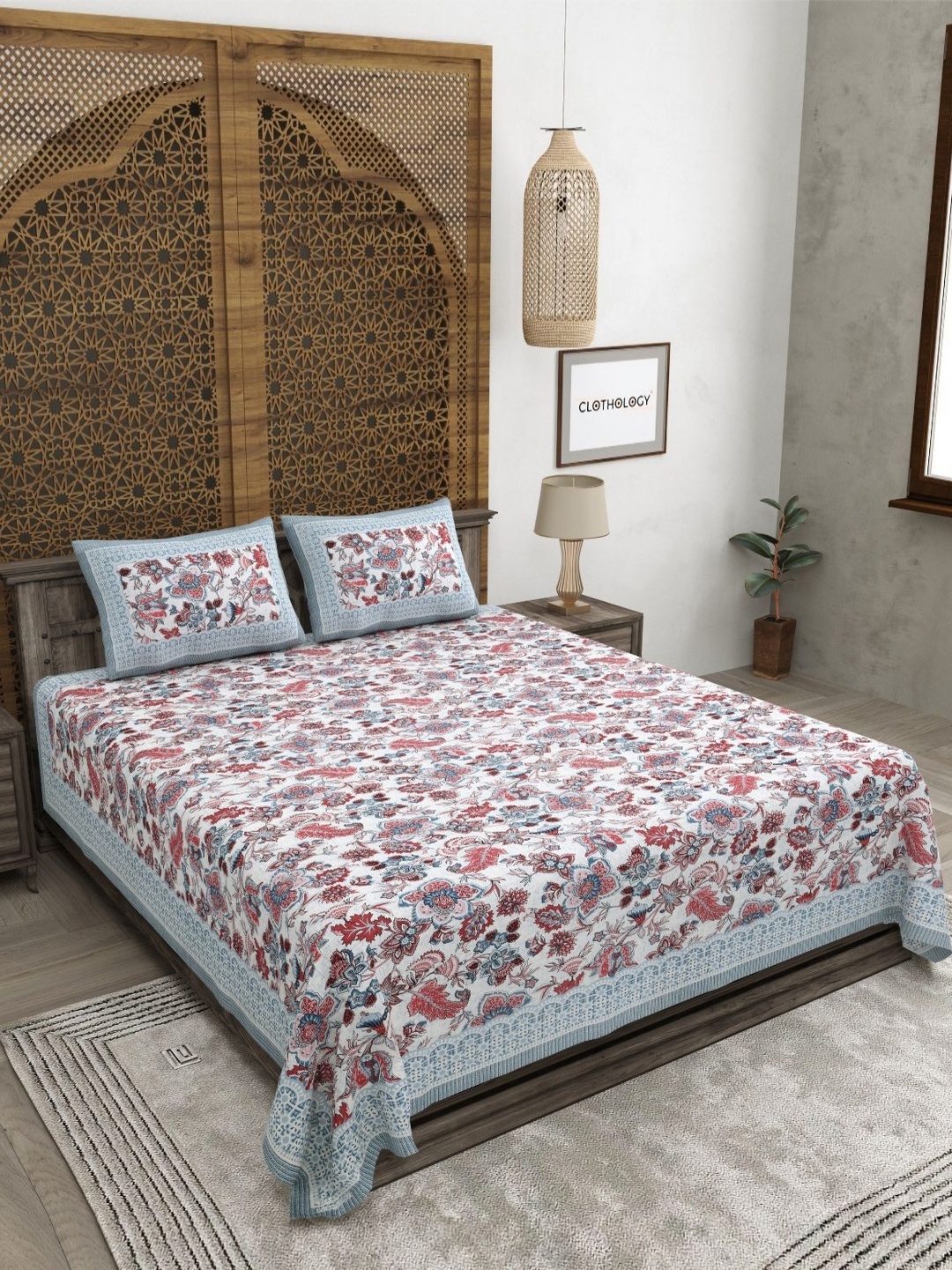 

CLOTHOLOGY Pink & White Floral 180 TC Pure Cotton King Bedsheet Set-2.75 m x 2.25 m