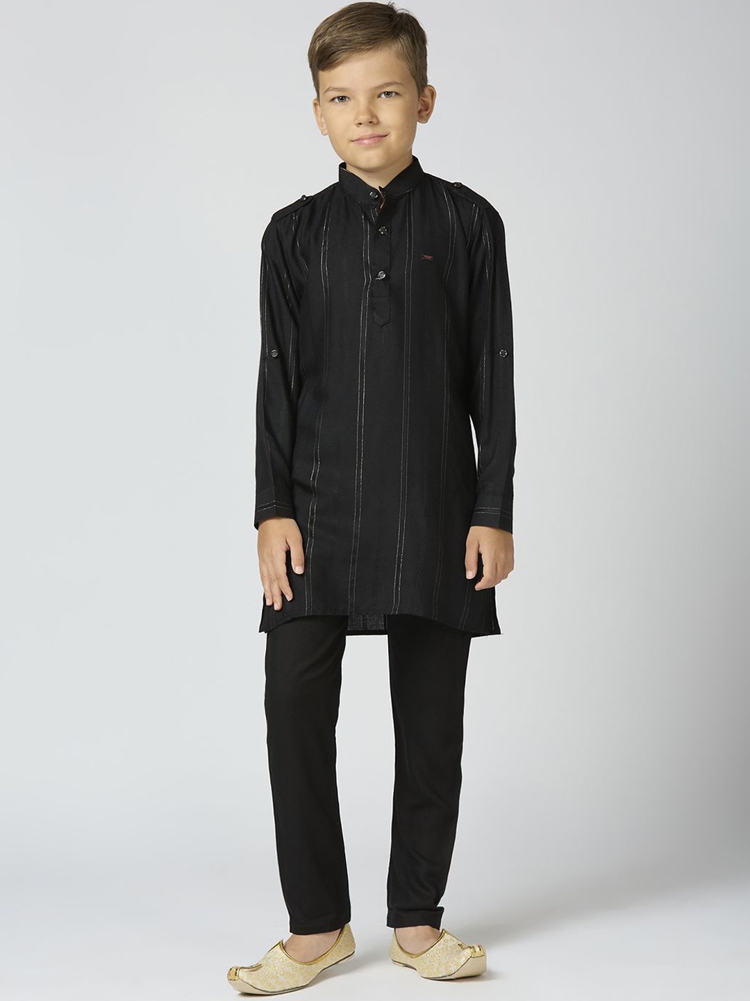 

YK Boys Striped Regular Kurta with Pyjamas, Black