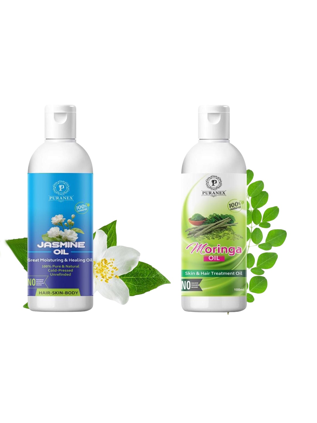 

Puranex Set Of 2 100% Pure & Natural Jasmine Oil & Moringa Oil For Skin & Hair- 100ml Each, Transparent