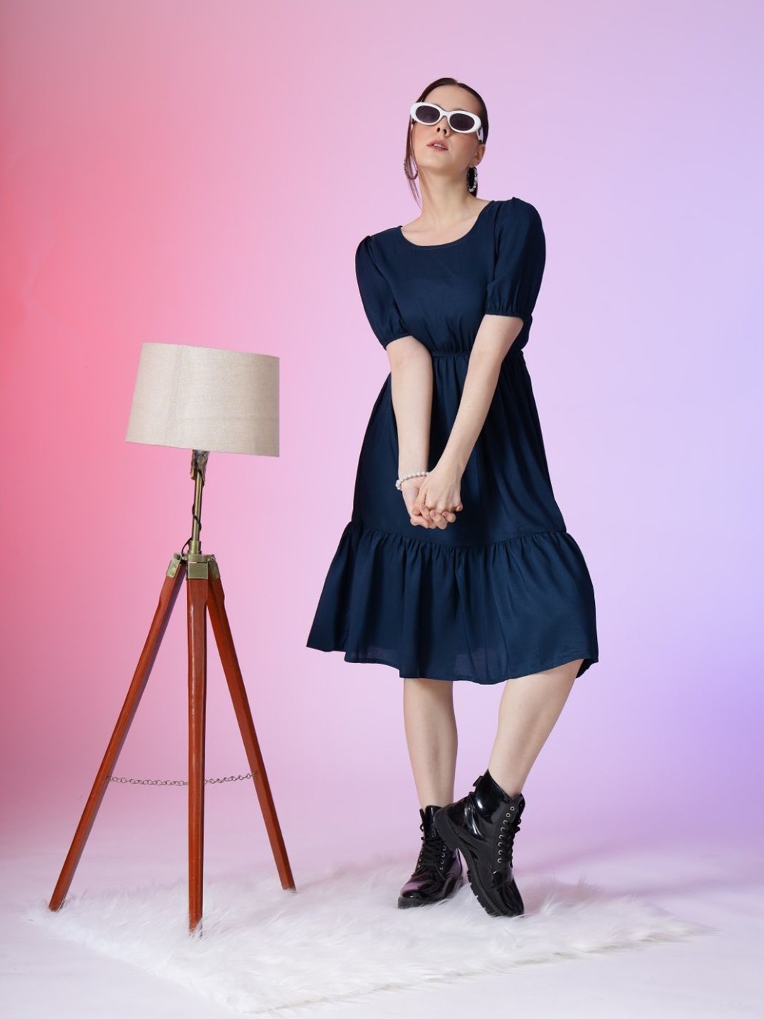 

Krunal Raiyani Women Puff Sleeves Fit & Flare Midi Dress, Blue
