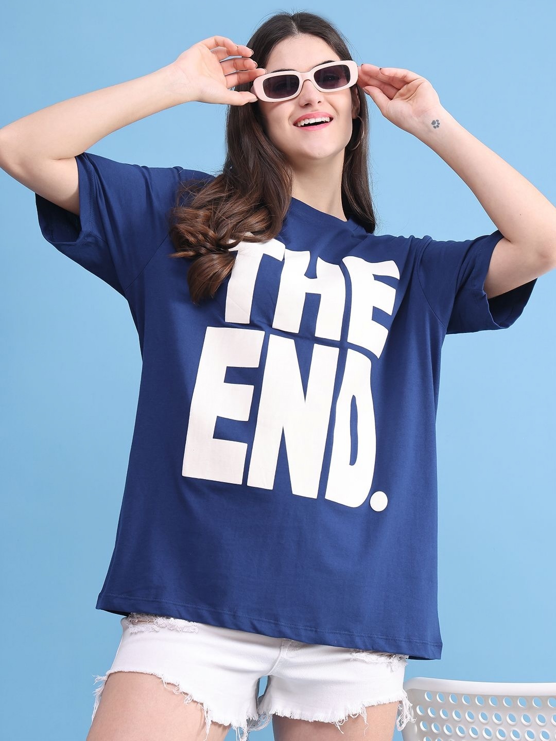 

DOOR74 Women Typography Printed Drop-Shoulder Sleeves T-shirt, Navy blue