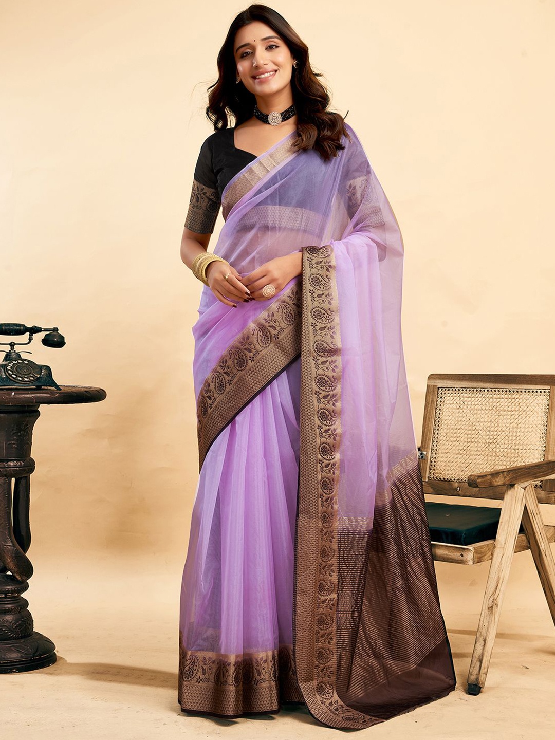 

KALINI Zari Organza Saree, Lavender