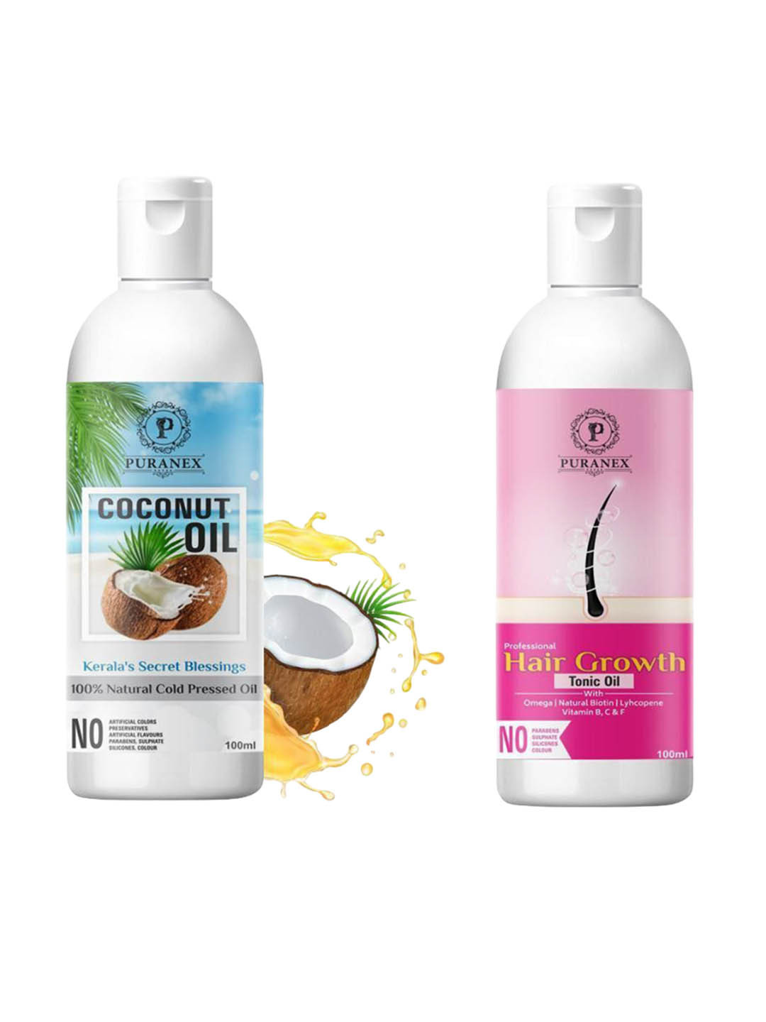 

Puranex Set Of 2 100% Natural & Pure Coconut & Hair Growth Oil - 100 ml Each, Transparent