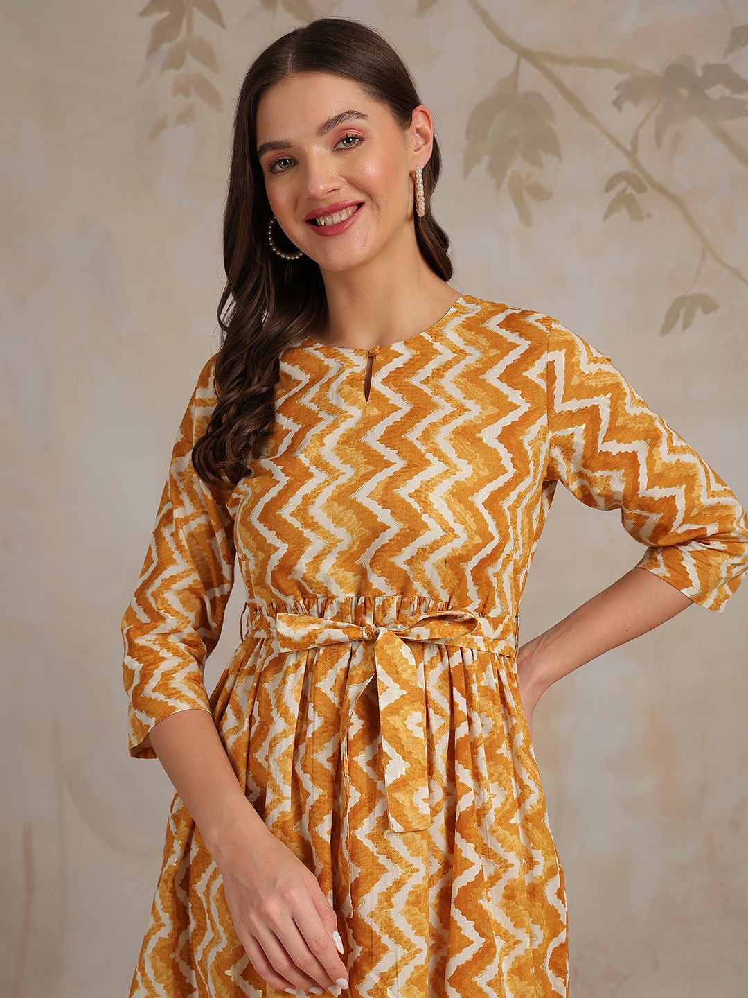 

Anouk Printed Tie-Ups Detail Cotton Fit & Flare Dress, Mustard