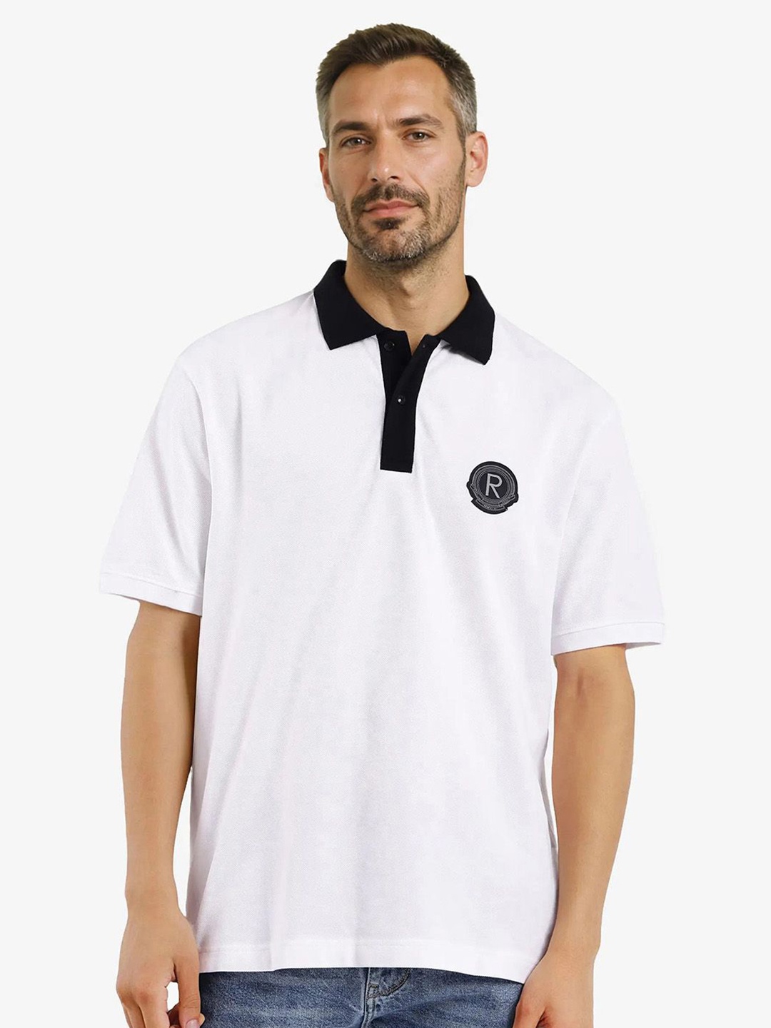

RARE RABBIT Men Polo Collar Applique T-shirt, White