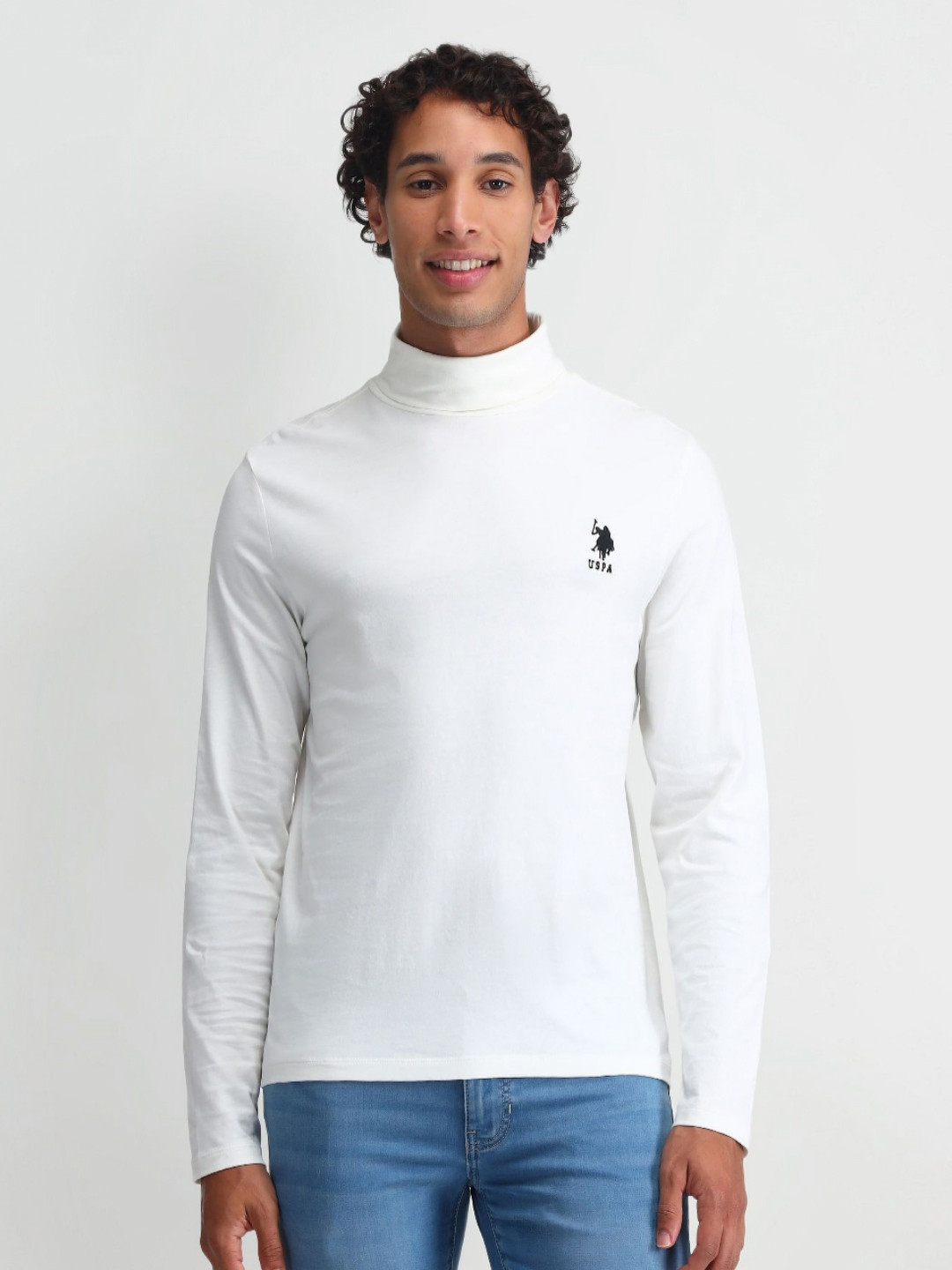 

U.S. Polo Assn. Denim Co. Men Brand Logo Printed Turtle Neck Cotton Slim Fit T-shirt, White