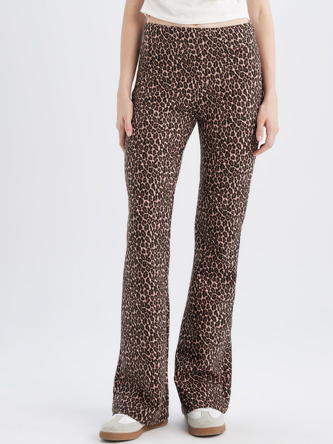 

DeFacto Women Animal Printed Mid-Rise Bootcut Trousers, Brown