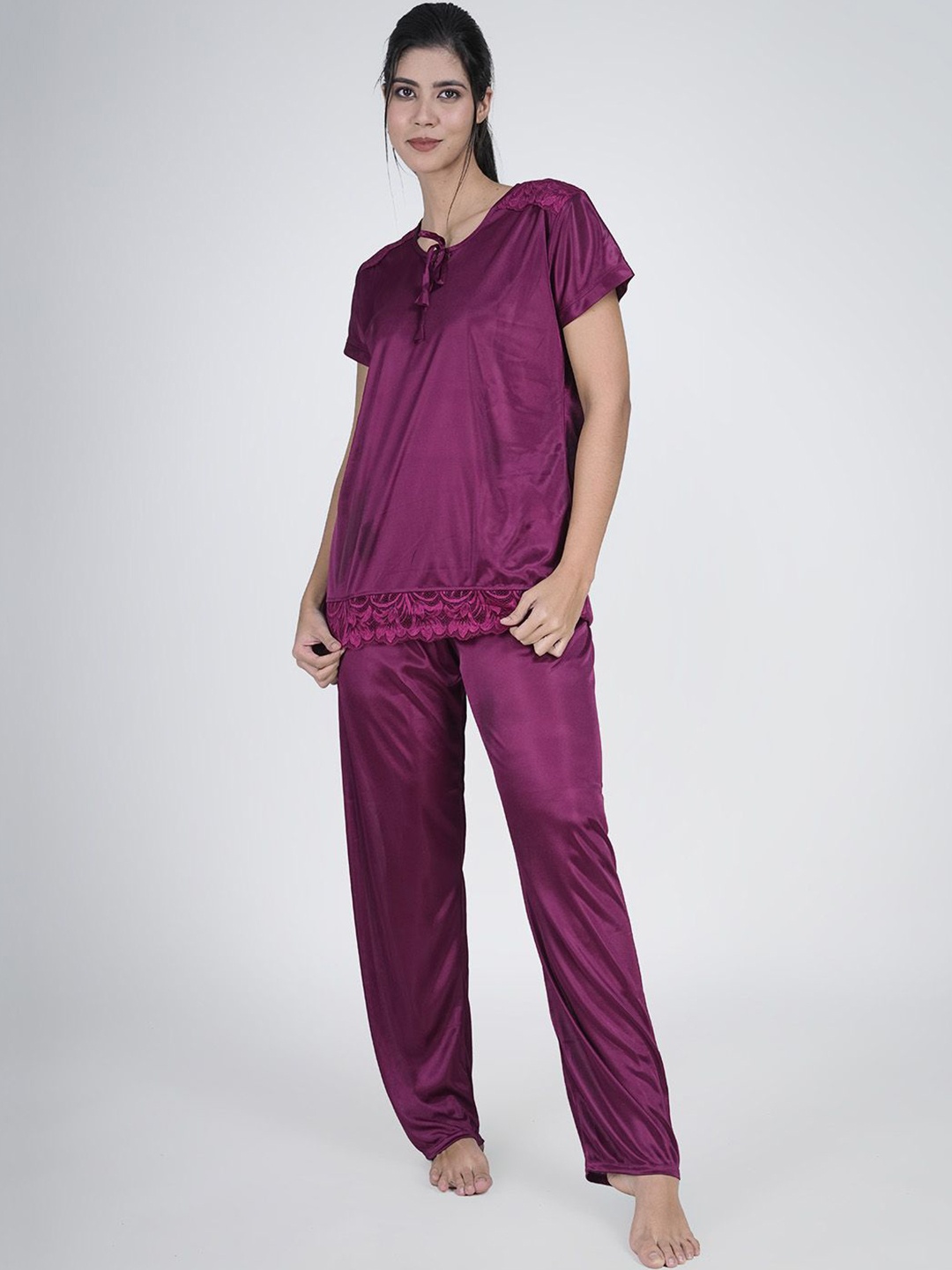 

Aartej Women Round Neck Satin Night suit, Purple