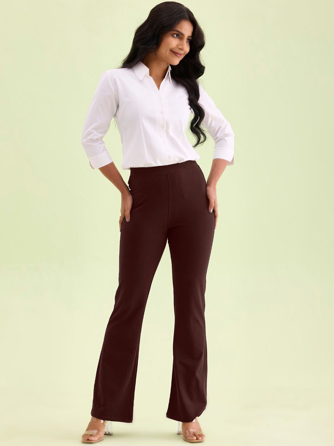 

Go Colors Women Cotton Flared High-Rise Bootcut Trousers, Brown