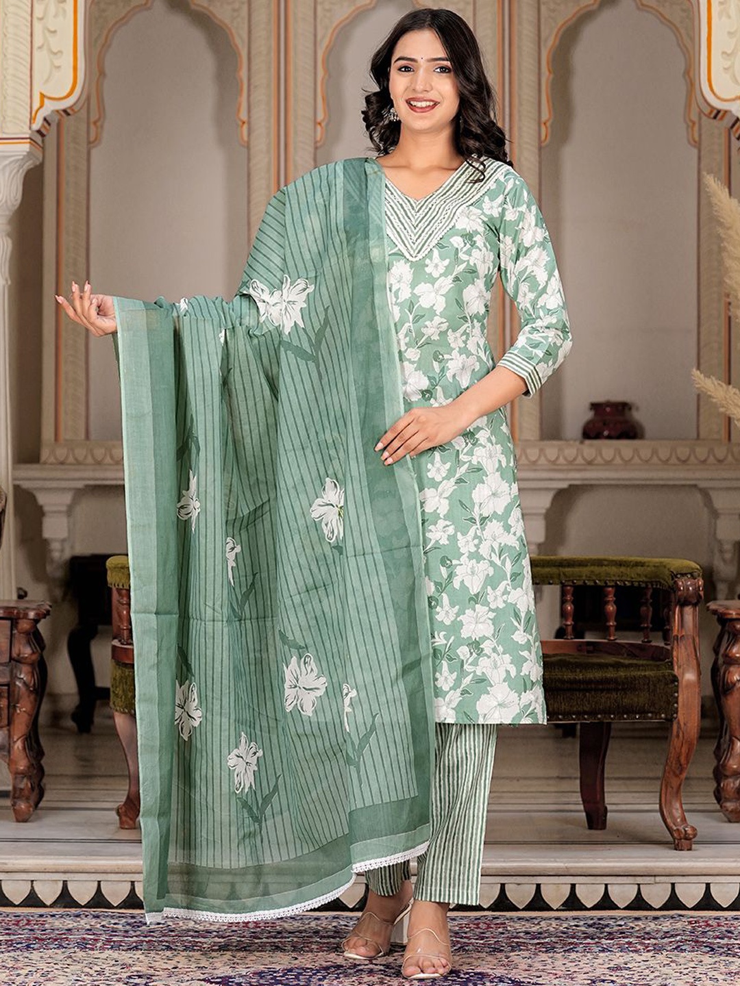 

ERISHA Women Floral Embroidered Regular Beads and Stones Pure Cotton Kurta with Trousers & With Dupatta, Green