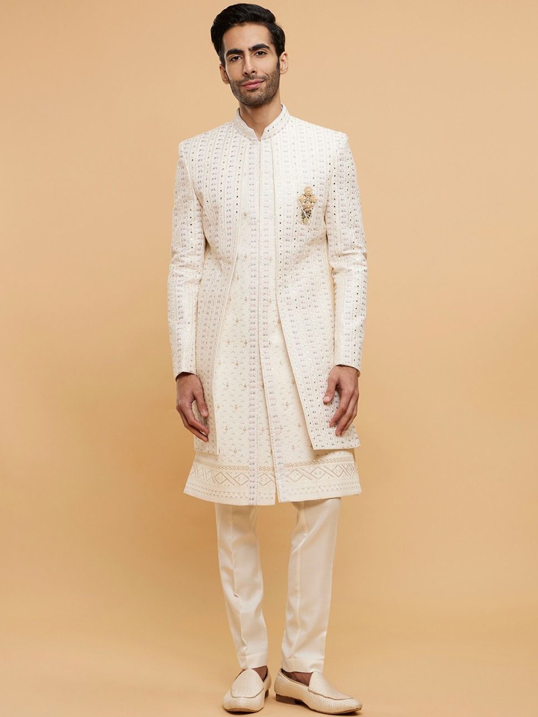 

Twamev Men Embroidered Mandarin Collar Sherwani Set, Cream