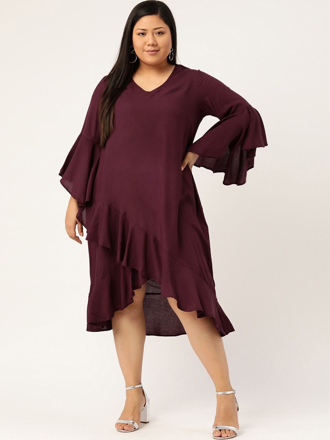 

theRebelinme Women Bell Sleeve Ruffled A-Line Midi Dress, Burgundy