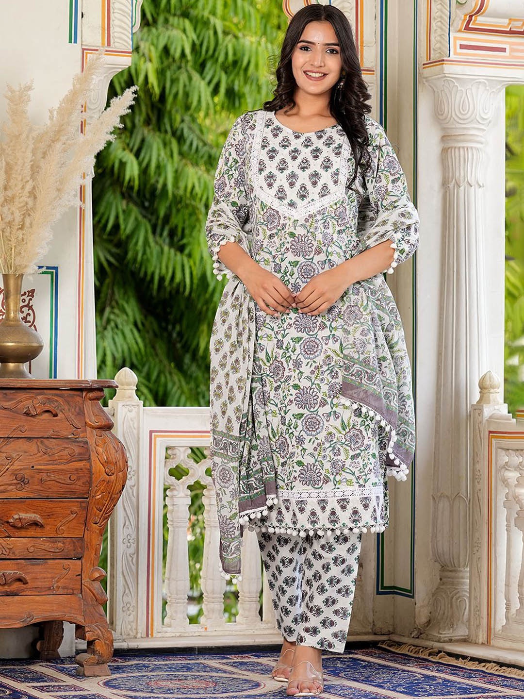 

ERISHA Women Floral Embroidered Regular Beads and Stones Pure Cotton Kurta with Trousers & With Dupatta, White