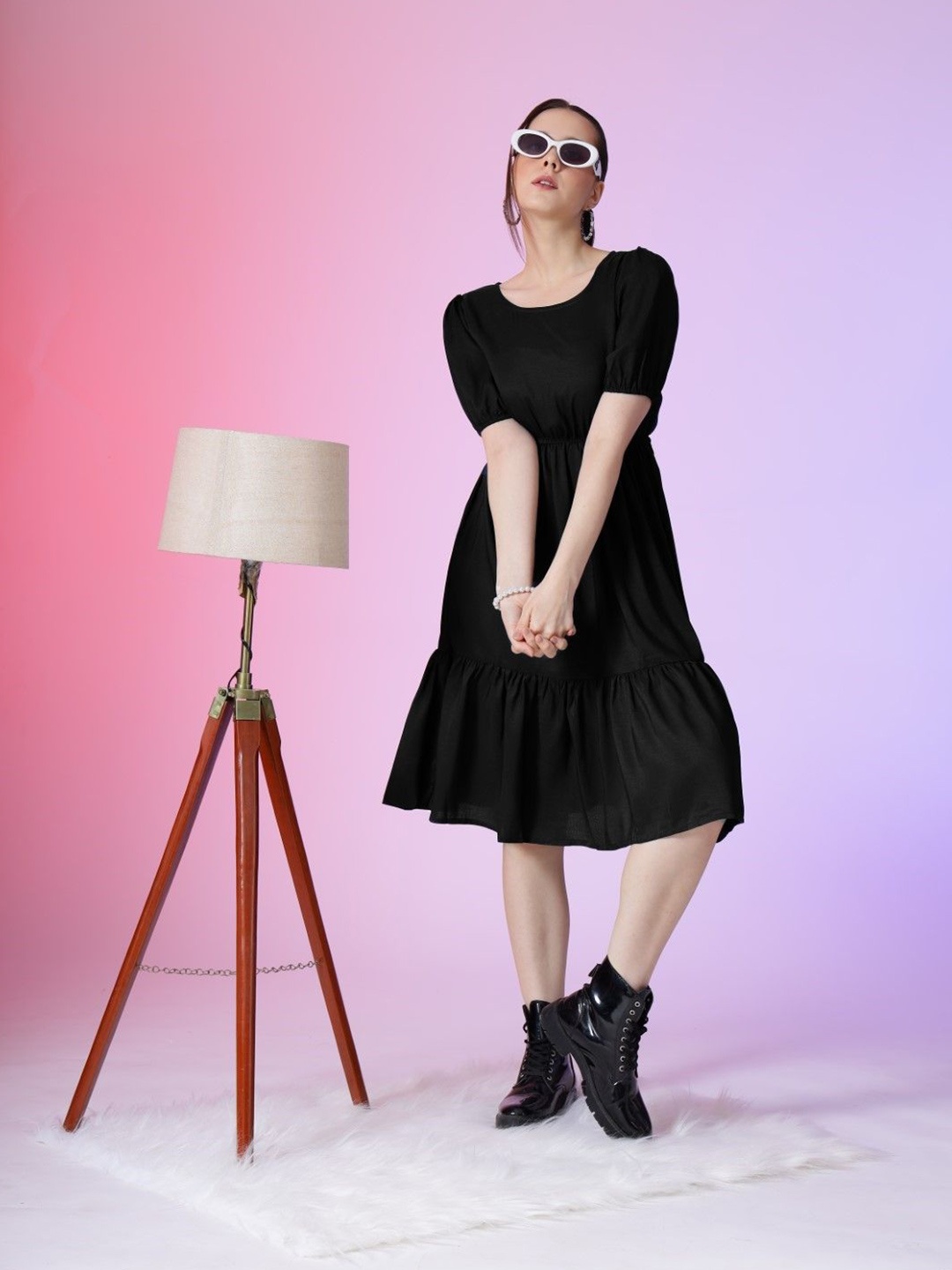 

Krunal Raiyani Women Fit & Flare Knee Length Tiered Dress, Black