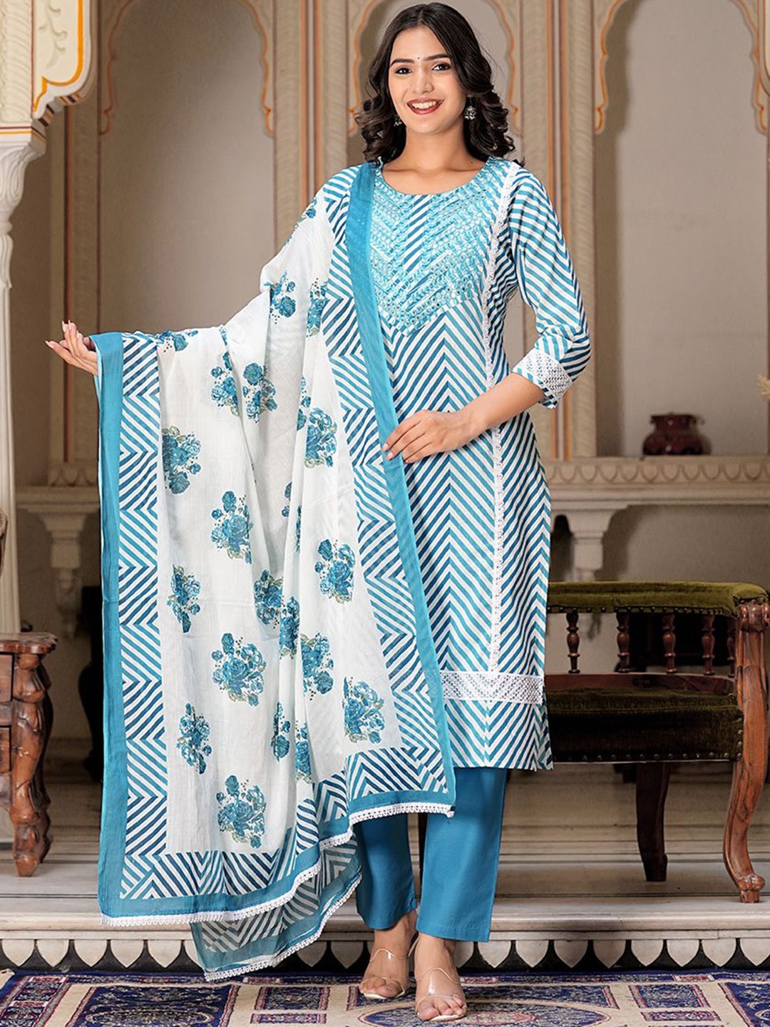 

ERISHA Women Floral Embroidered Regular Beads and Stones Pure Cotton Kurta with Trousers & With Dupatta, Blue