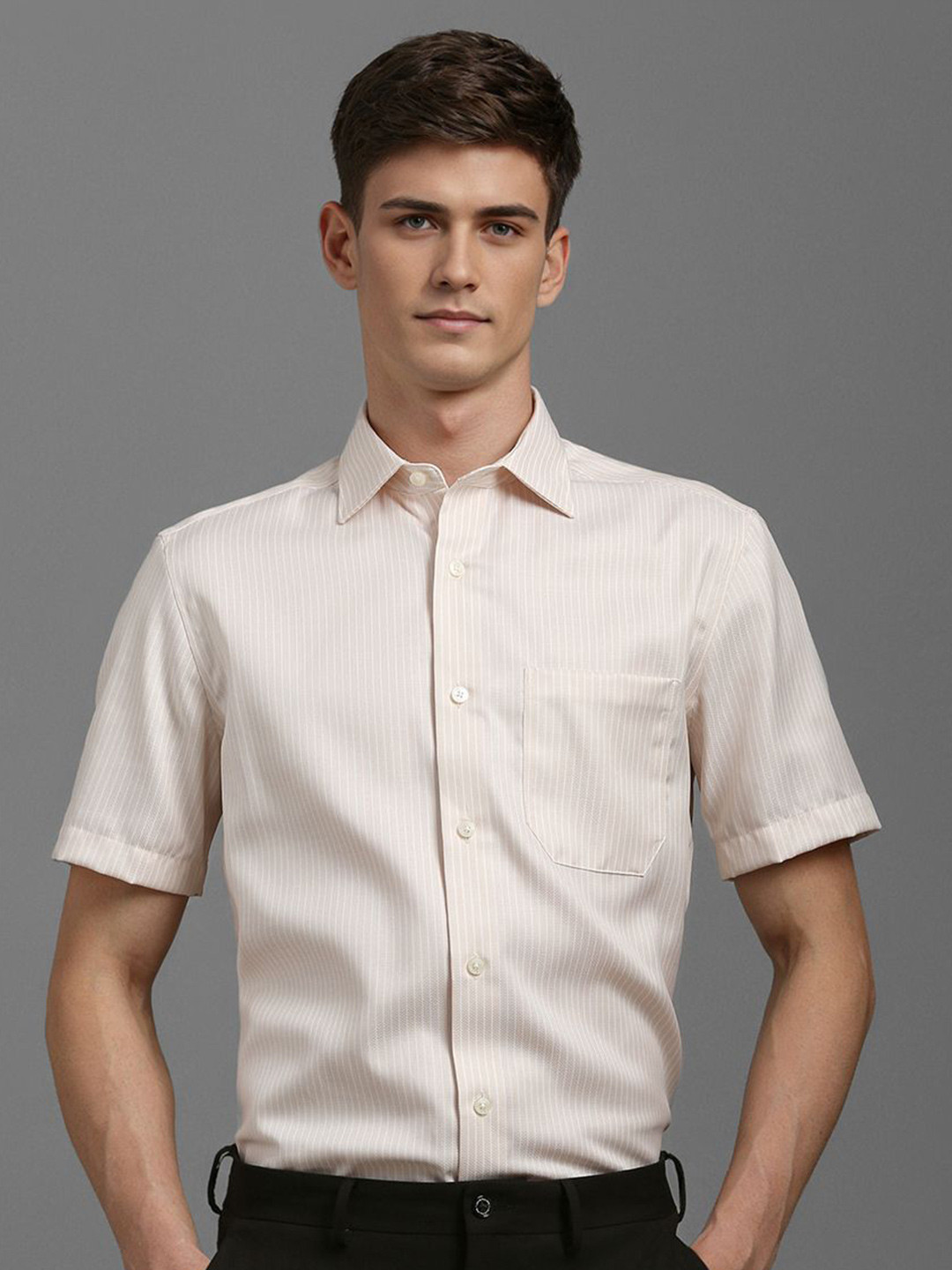 

Louis Philippe Men Classic Spread Collar Vertical Striped Cotton Formal Shirt, Cream