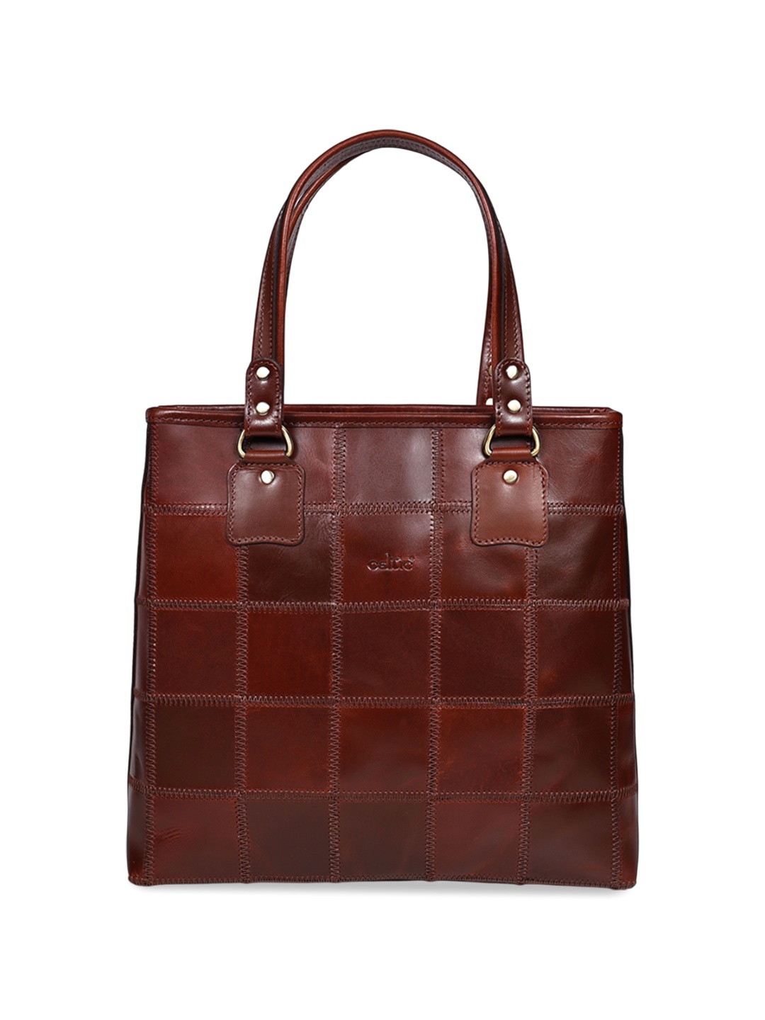 

Celtic Checked Leather Shopper Tote Bag with, Brown