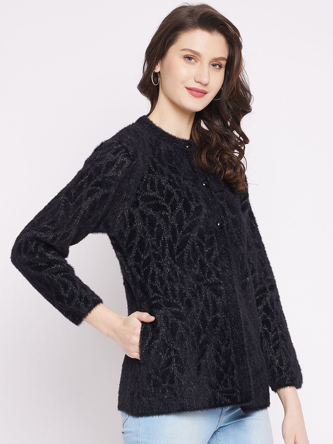 

Zigo Women Self Design Cardigan, Black