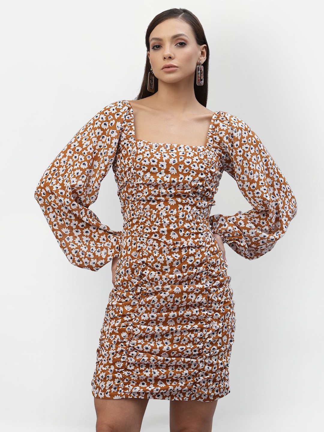

BAESD Women Printed Georgette Bodycon Dress, Brown